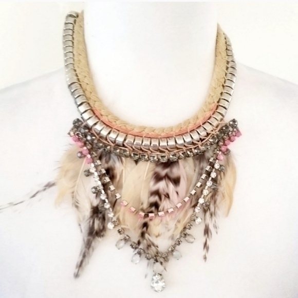 EXPRESS FEATHER & RHINESTONE STATEMENT NECKLACE - Picture 1 of 8